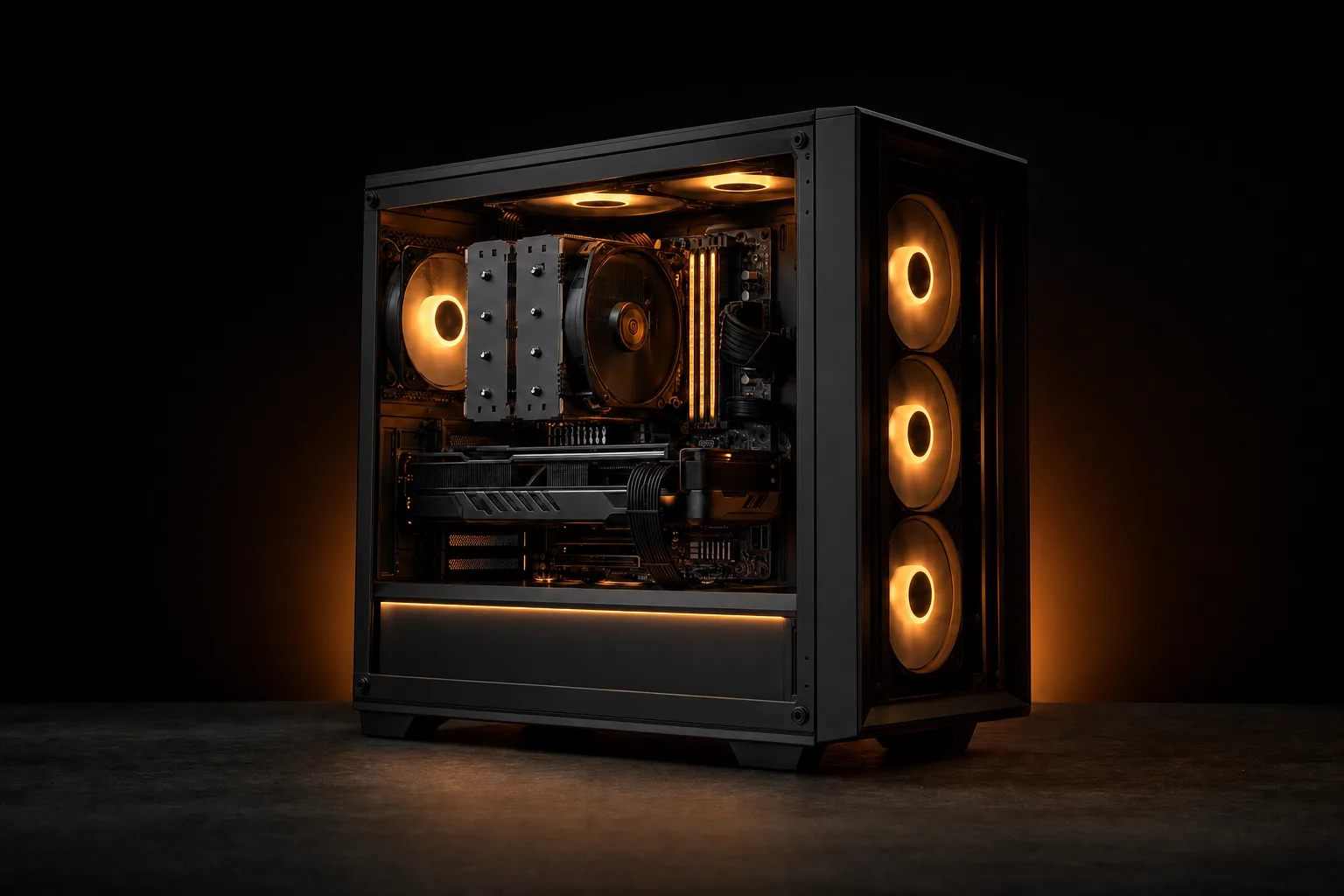 The same PC with the glass panel removed, showing the graphics card, cooler and memory