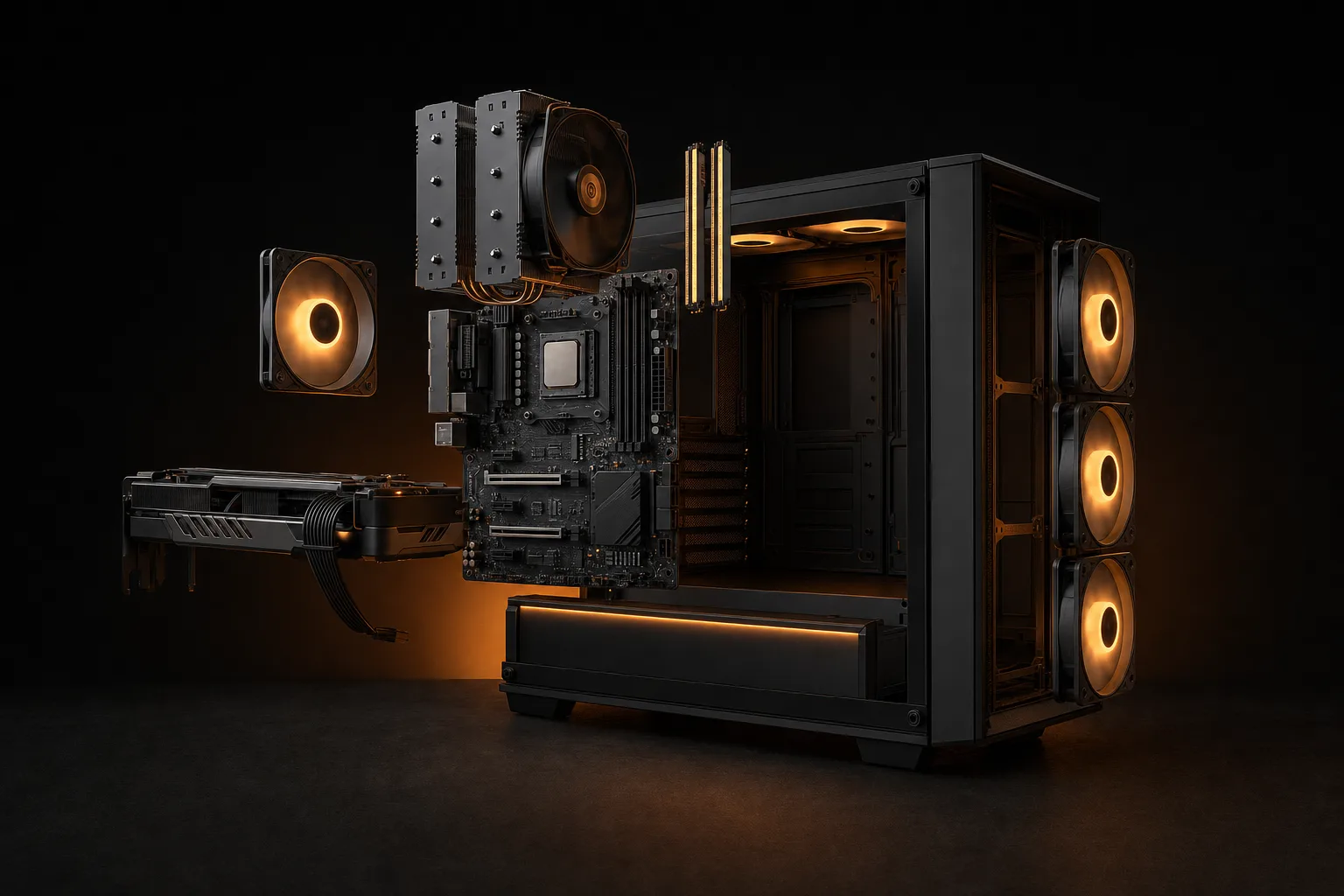 The PC taken apart into its parts: graphics card, cooler, memory, motherboard and fans
