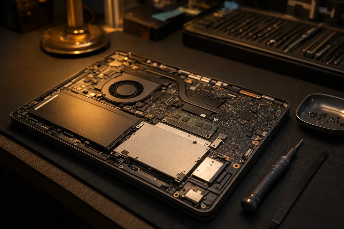 A laptop opened on a repair bench with precision tools