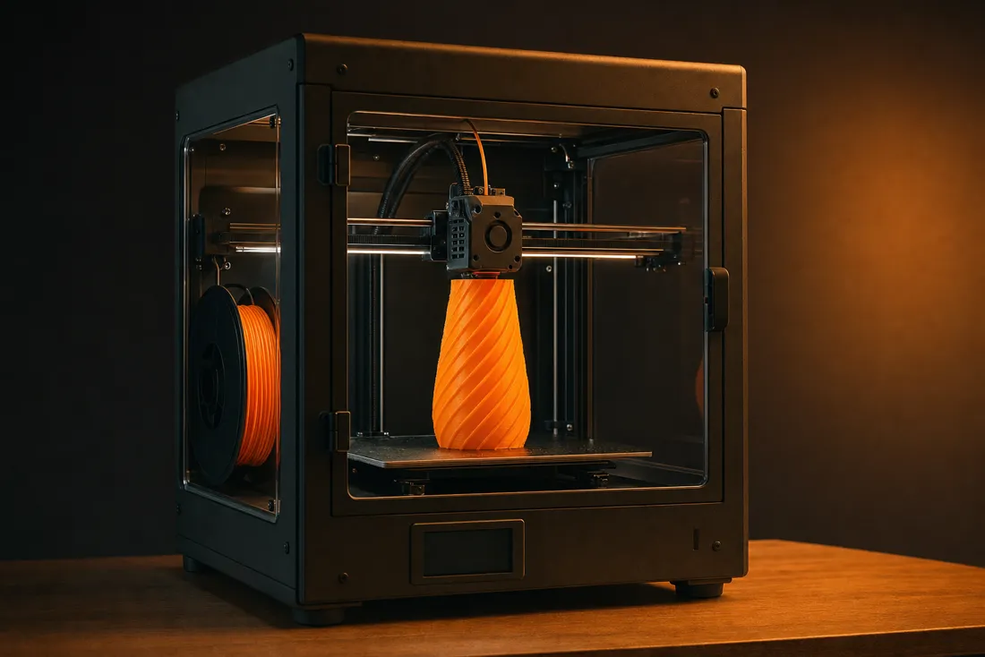 An enclosed 3D printer printing an orange part
