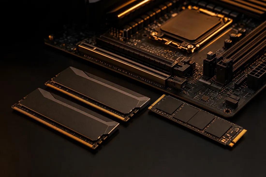 DDR5 memory and an NVMe SSD next to a motherboard